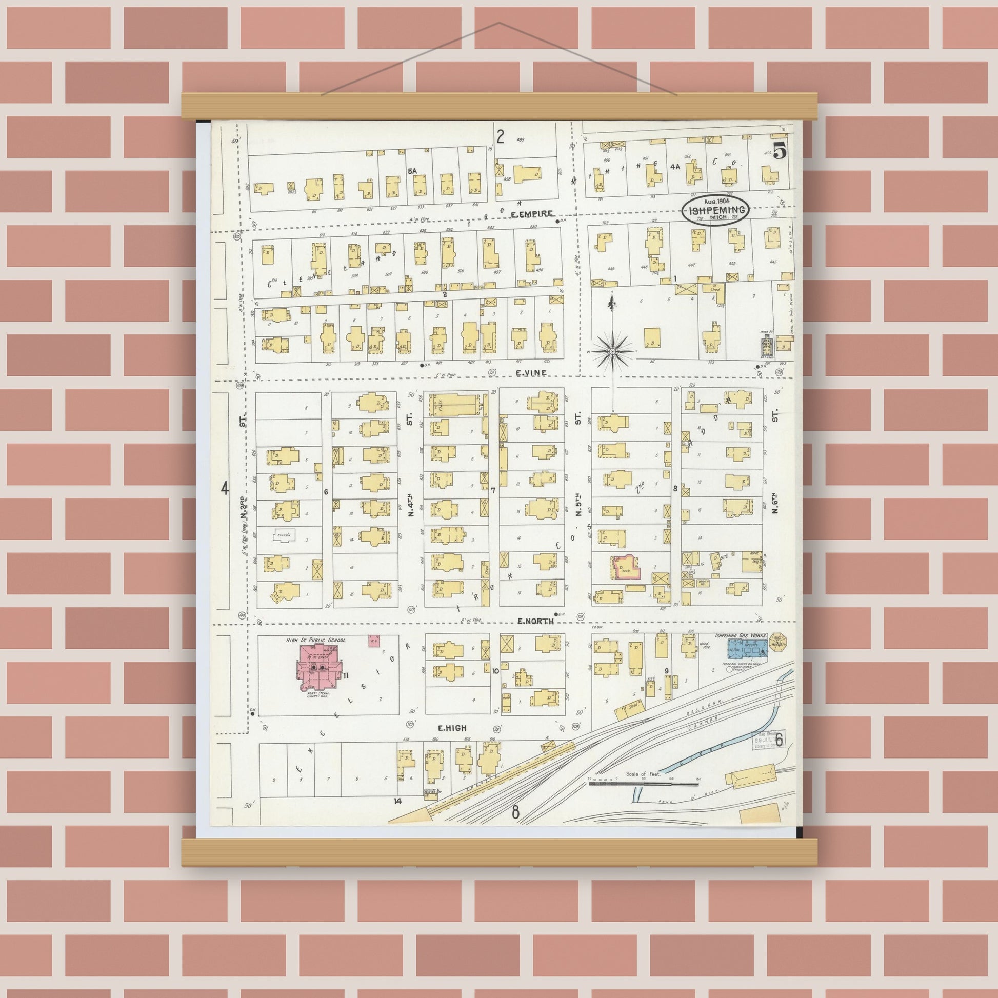 Old map wall art mockup — magnetic wood frame on brick wall — Sanborn Fire Insurance Map from Ishpeming, Marquette County, Michigan (1904), Sheet #0005