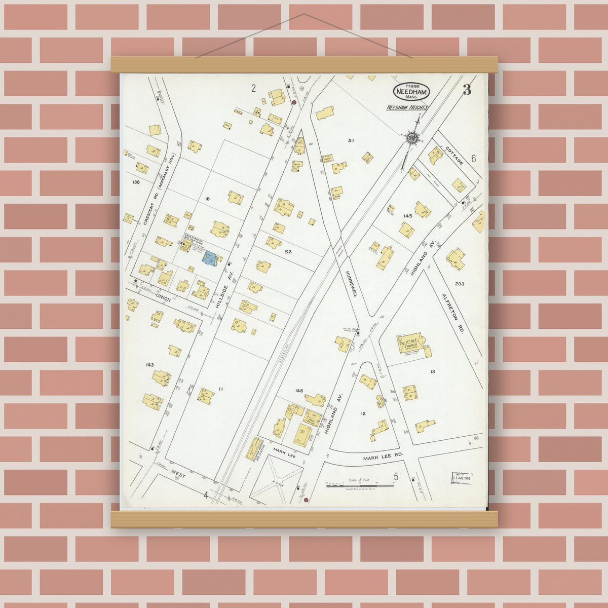 Old map wall art mockup — magnetic wood frame on brick wall — Sanborn Fire Insurance Map from Needham, Norfolk County, Massachusetts (1919), Sheet #0003