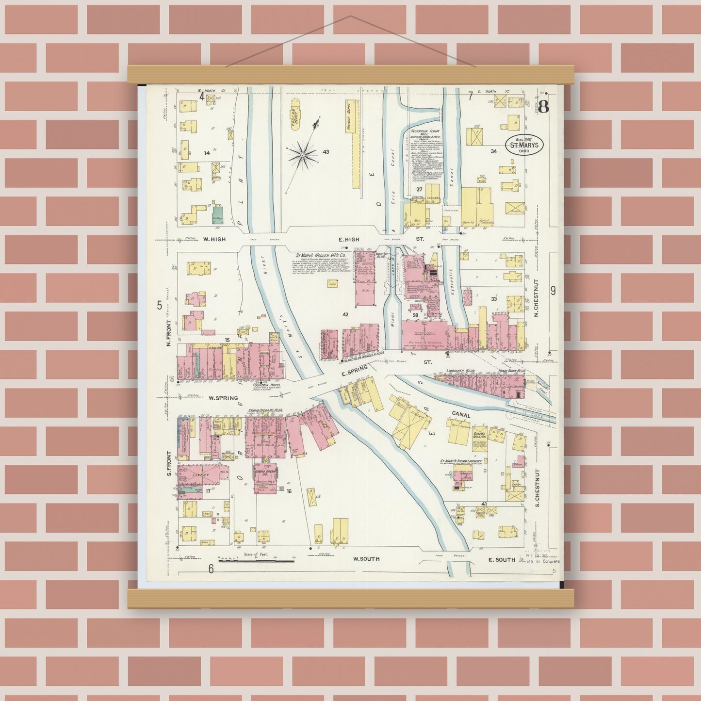 Old map wall art mockup — magnetic wood frame on brick wall — Sanborn Fire Insurance Map from Saint Marys, Auglaize County, Ohio (1907), Sheet #0008