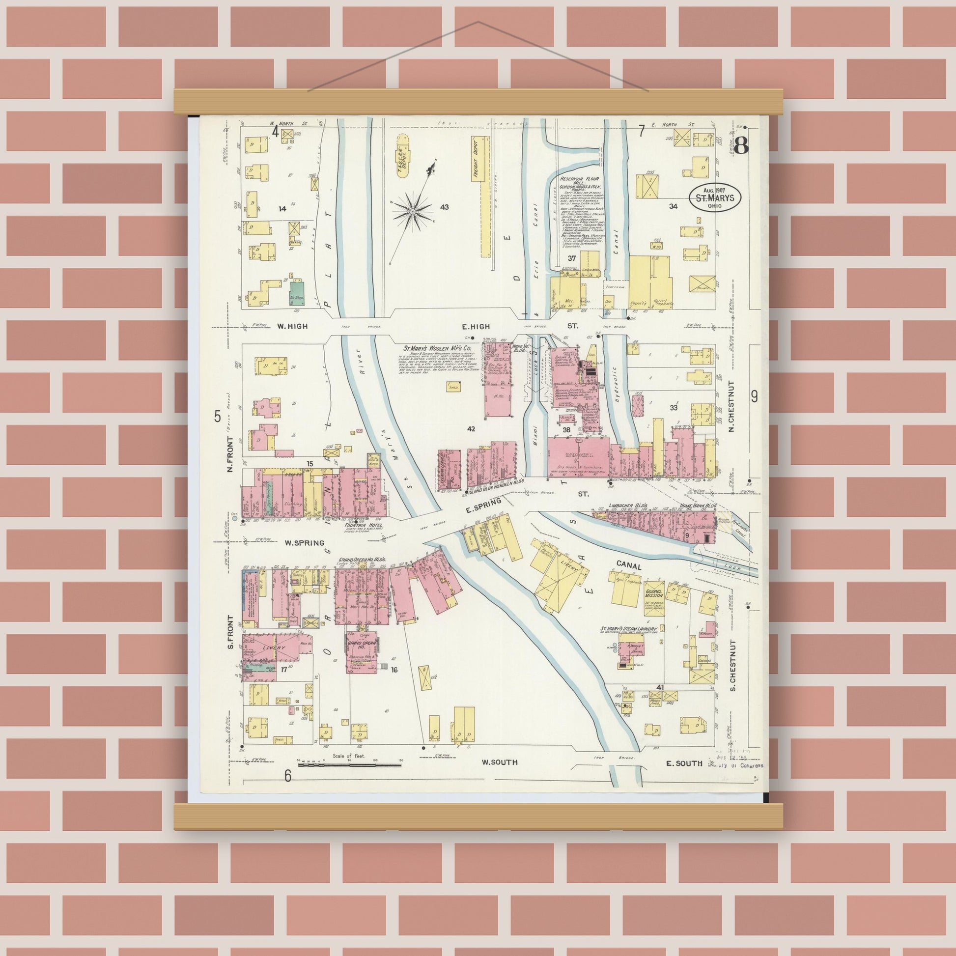 Old map wall art mockup — magnetic wood frame on brick wall — Sanborn Fire Insurance Map from Saint Marys, Auglaize County, Ohio (1907), Sheet #0008