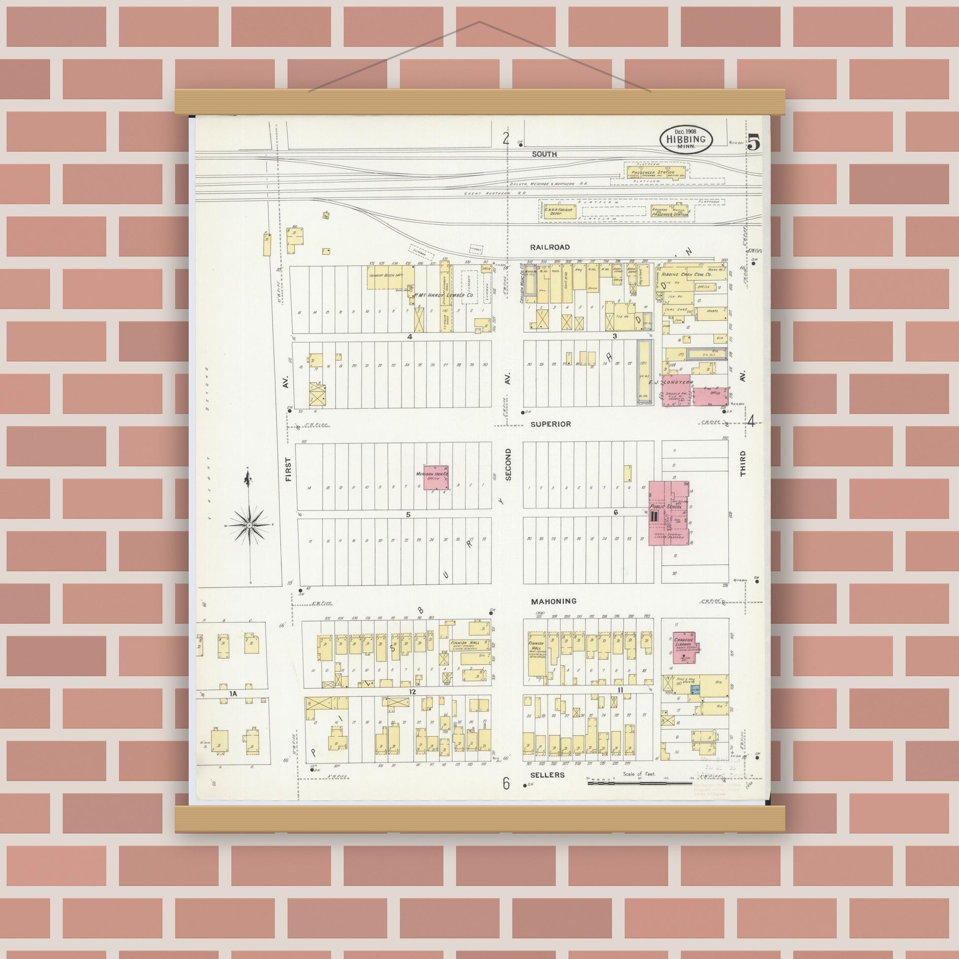 Old map wall art mockup — magnetic wood frame on brick wall — Sanborn Fire Insurance Map from Hibbing, Saint Louis County, Minnesota (1908), Sheet #0005
