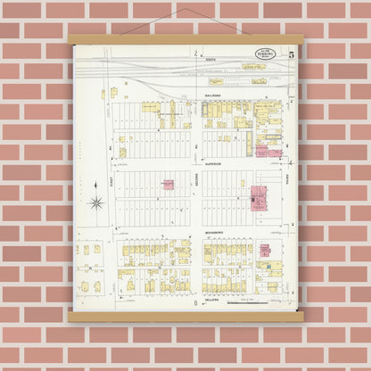 Old map wall art mockup — magnetic wood frame on brick wall — Sanborn Fire Insurance Map from Hibbing, Saint Louis County, Minnesota (1908), Sheet #0005