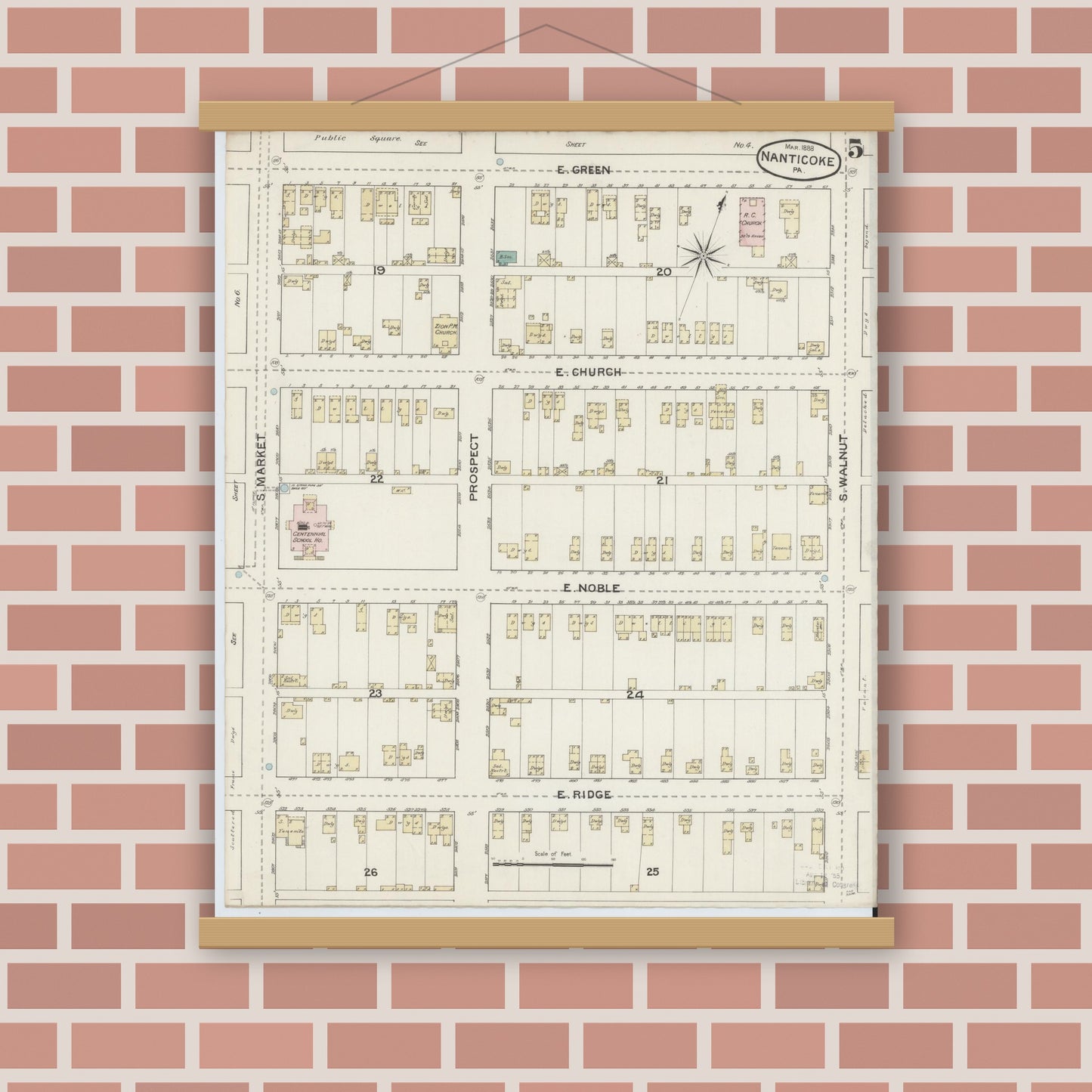 Old map wall art mockup — magnetic wood frame on brick wall — Sanborn Fire Insurance Map from Nanticoke, Luzerne County, Pennsylvania (1888), Sheet #0005