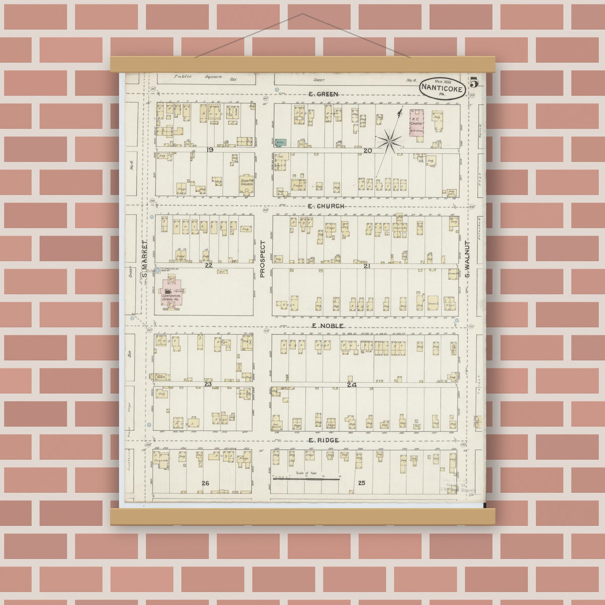 Old map wall art mockup — magnetic wood frame on brick wall — Sanborn Fire Insurance Map from Nanticoke, Luzerne County, Pennsylvania (1888), Sheet #0005