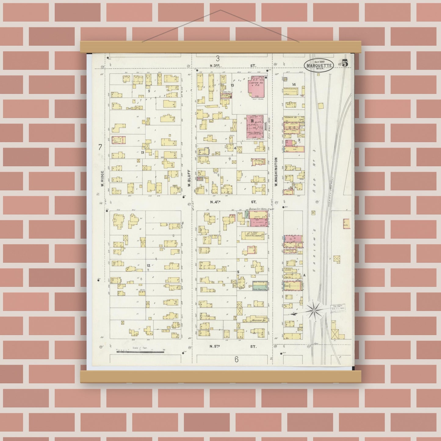 Old map wall art mockup — magnetic wood frame on brick wall — Sanborn Fire Insurance Map from Marquette, Marquette County, Michigan (1897), Sheet #0005