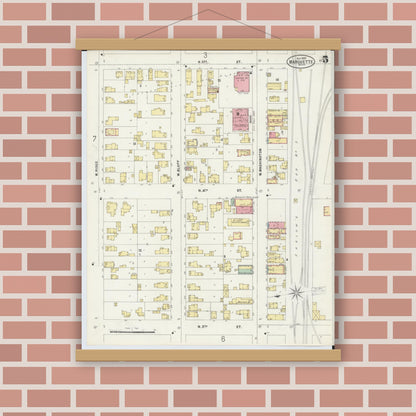 Old map wall art mockup — magnetic wood frame on brick wall — Sanborn Fire Insurance Map from Marquette, Marquette County, Michigan (1897), Sheet #0005