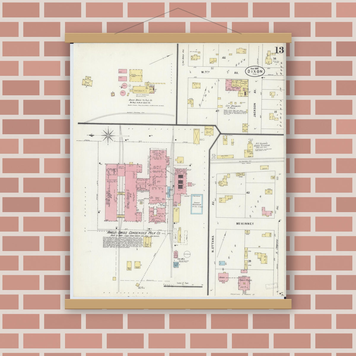 Old map wall art mockup — magnetic wood frame on brick wall — Sanborn Fire Insurance Map from Dixon, Lee County, Illinois (1897), Sheet #0013