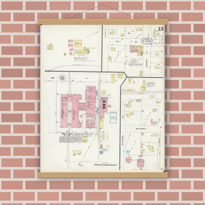 Old map wall art mockup — magnetic wood frame on brick wall — Sanborn Fire Insurance Map from Dixon, Lee County, Illinois (1897), Sheet #0013