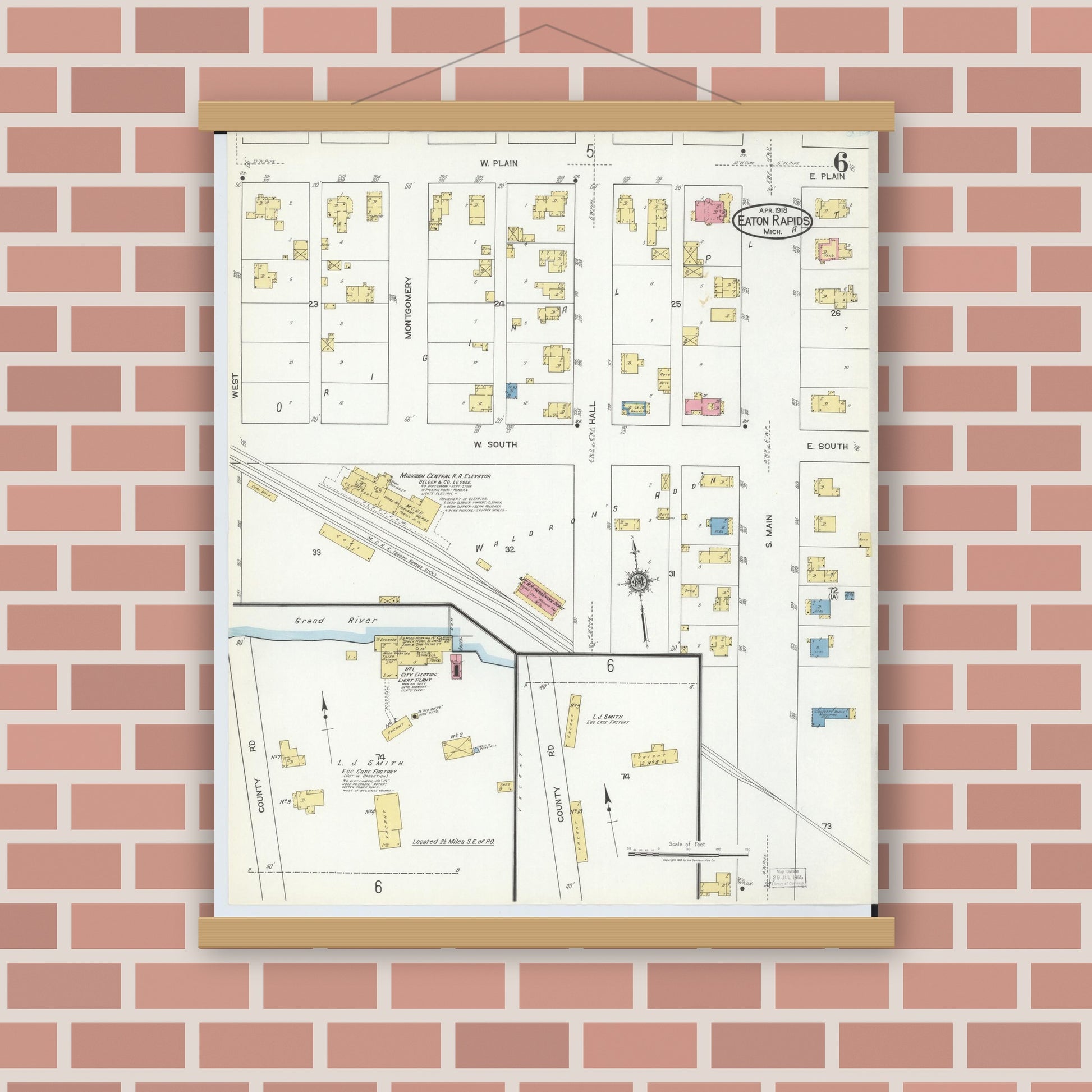 Old map wall art mockup — magnetic wood frame on brick wall — Sanborn Fire Insurance Map from Eaton Rapids, Eaton County, Michigan (1918), Sheet #0006