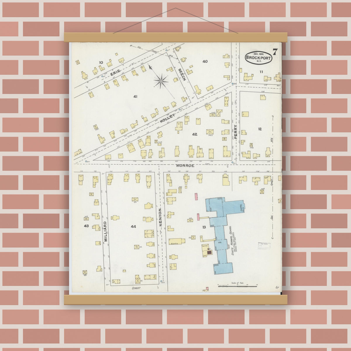 Old map wall art mockup — magnetic wood frame on brick wall — Sanborn Fire Insurance Map from Brockport, Monroe County, New York (1892), Sheet #0007