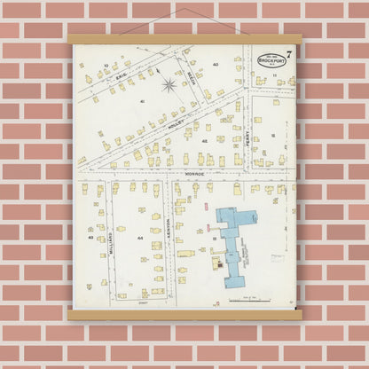 Old map wall art mockup — magnetic wood frame on brick wall — Sanborn Fire Insurance Map from Brockport, Monroe County, New York (1892), Sheet #0007