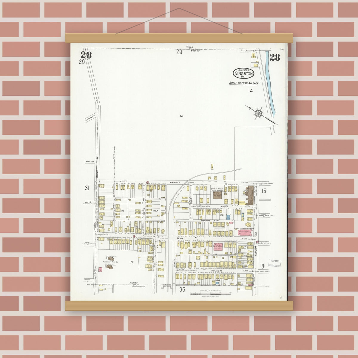 Old map wall art mockup — magnetic wood frame on brick wall — Sanborn Fire Insurance Map from Kingston, Luzerne County, Pennsylvania (1925), Sheet #0028