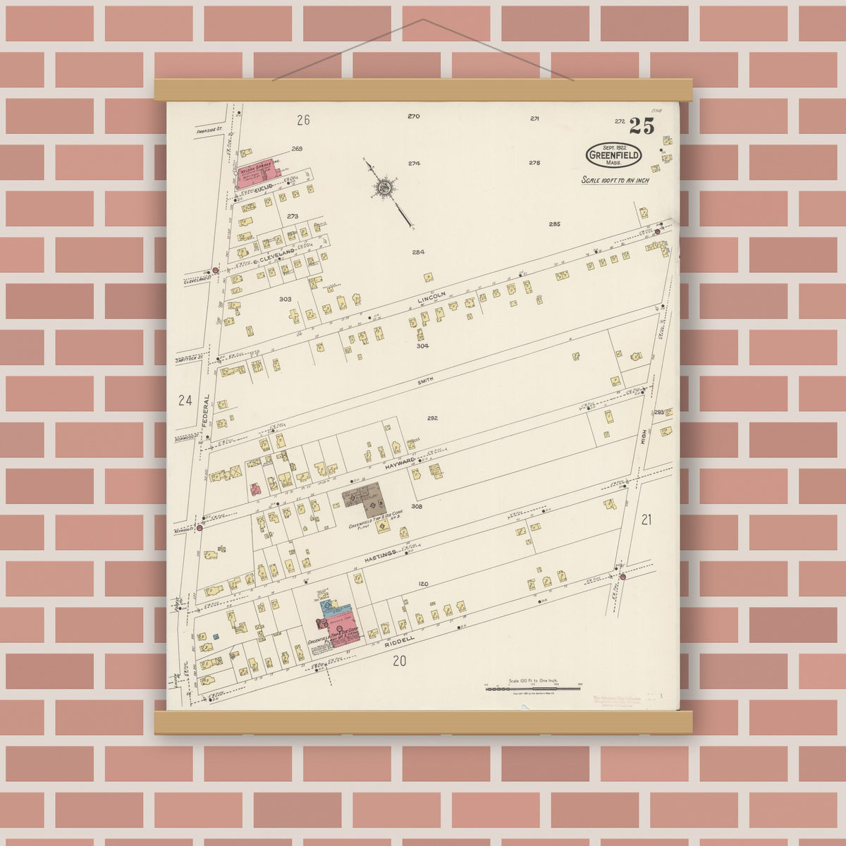 Old map wall art mockup — magnetic wood frame on brick wall — Sanborn Fire Insurance Map from Greenfield, Franklin County, Massachusetts (1922), Sheet #0025