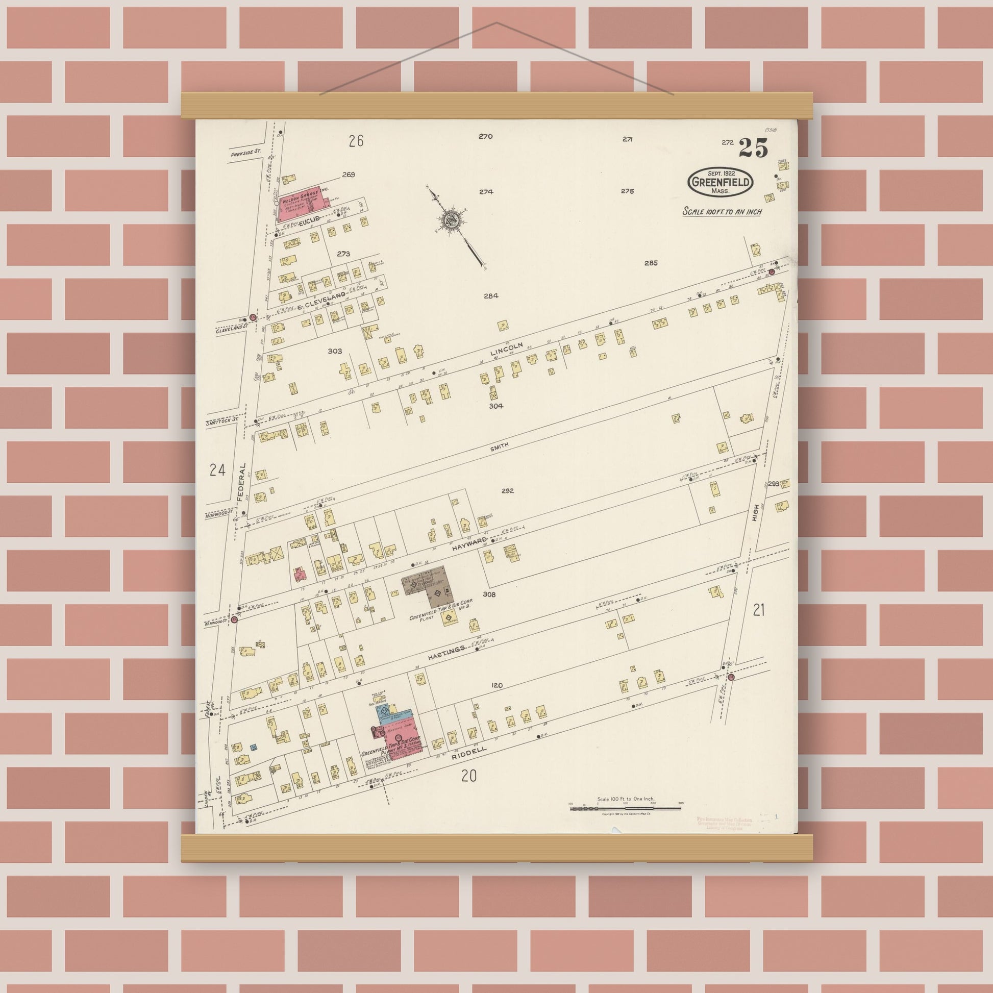 Old map wall art mockup — magnetic wood frame on brick wall — Sanborn Fire Insurance Map from Greenfield, Franklin County, Massachusetts (1922), Sheet #0025