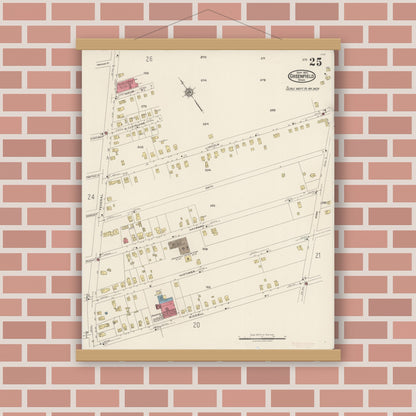 Old map wall art mockup — magnetic wood frame on brick wall — Sanborn Fire Insurance Map from Greenfield, Franklin County, Massachusetts (1922), Sheet #0025