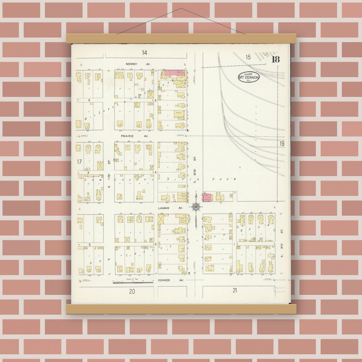Old map wall art mockup — magnetic wood frame on brick wall — Sanborn Fire Insurance Map from Mount Vernon, Jefferson County, Illinois (1913), Sheet #0018