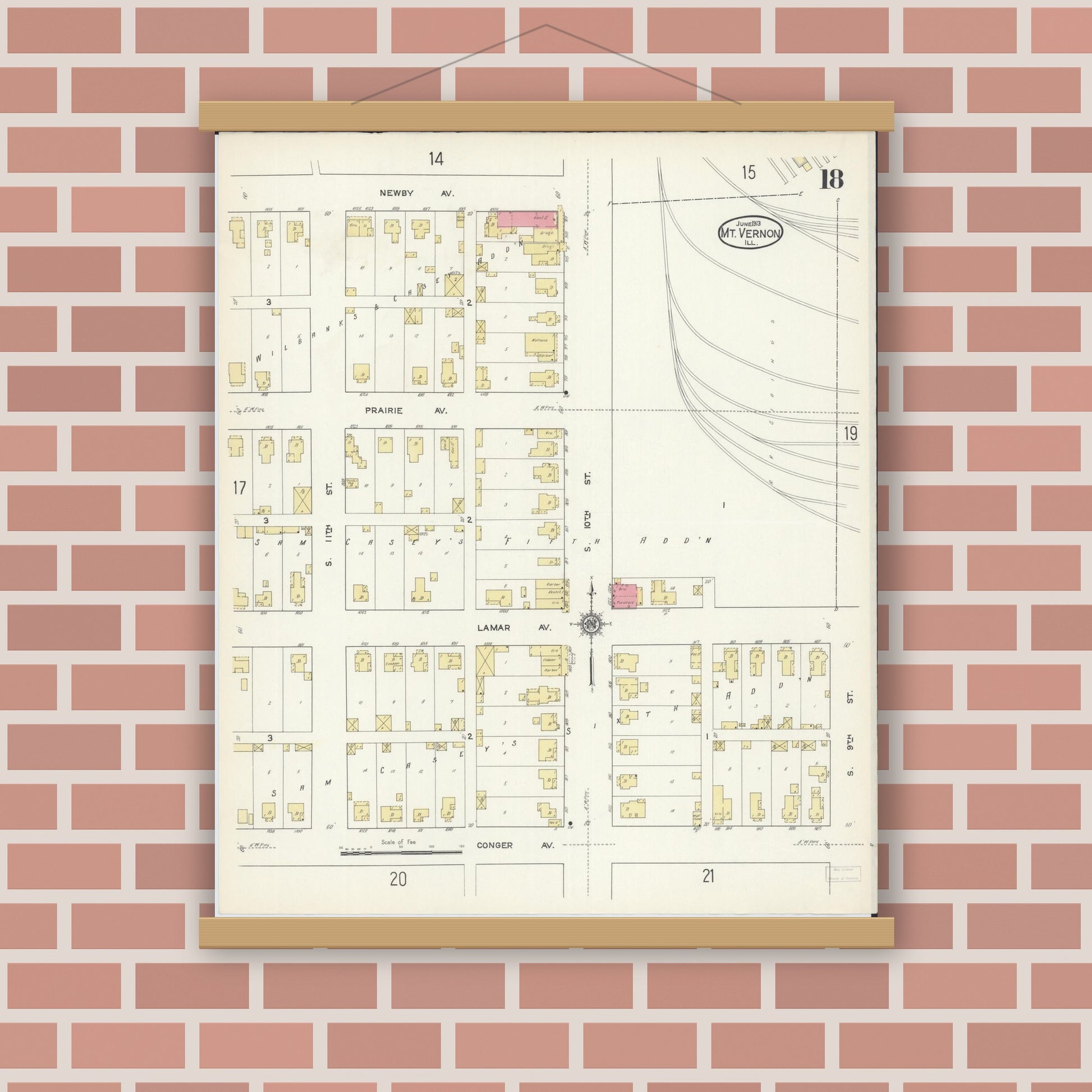 Old map wall art mockup — magnetic wood frame on brick wall — Sanborn Fire Insurance Map from Mount Vernon, Jefferson County, Illinois (1913), Sheet #0018