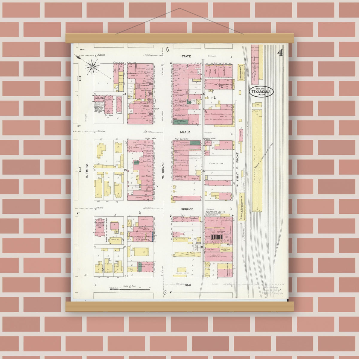 Old map wall art mockup — magnetic wood frame on brick wall — Sanborn Fire Insurance Map from Texarkana, Bowie County, Texas (1909), Sheet #0004