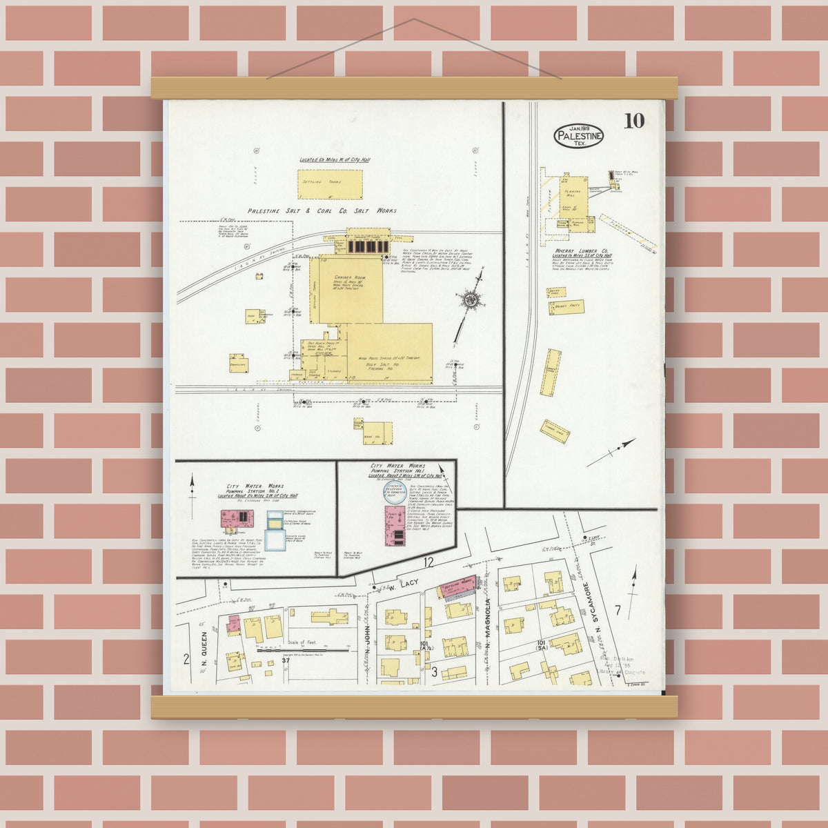 Old map wall art mockup — magnetic wood frame on brick wall — Sanborn Fire Insurance Map from Palestine, Anderson County, Texas (1919), Sheet #0010