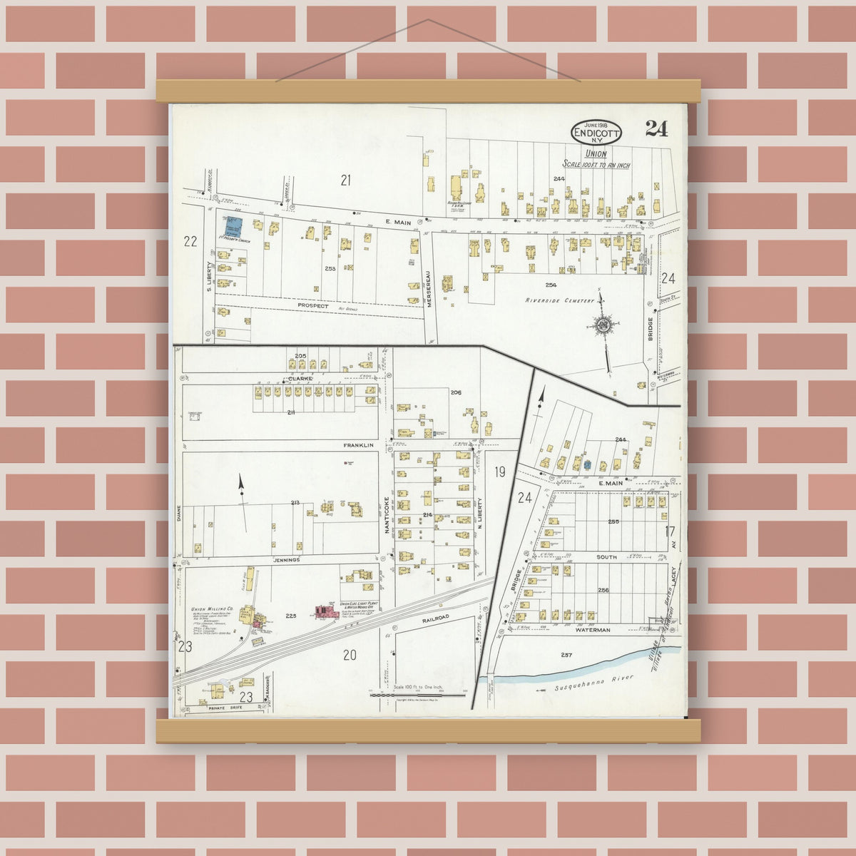 Old map wall art mockup — magnetic wood frame on brick wall — Sanborn Fire Insurance Map from Endicott, Broome County, New York (1918), Sheet #0024