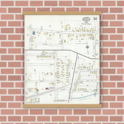 Old map wall art mockup — magnetic wood frame on brick wall — Sanborn Fire Insurance Map from Endicott, Broome County, New York (1918), Sheet #0024