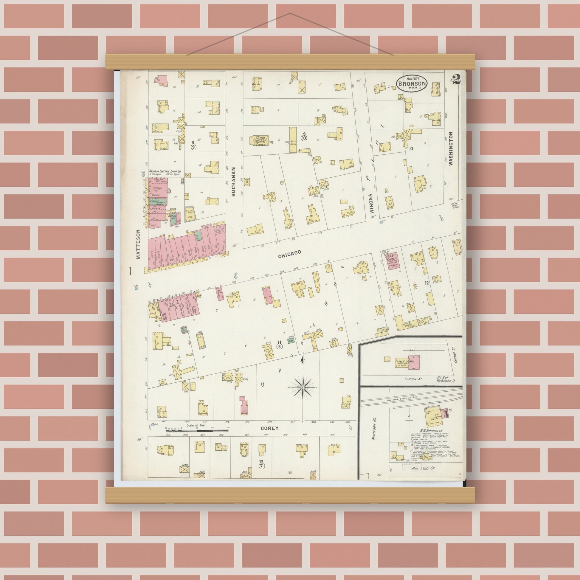 Old map wall art mockup — magnetic wood frame on brick wall — Sanborn Fire Insurance Map from Bronson, Branch County, Michigan (1897), Sheet #0002