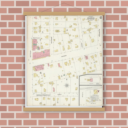Old map wall art mockup — magnetic wood frame on brick wall — Sanborn Fire Insurance Map from Bronson, Branch County, Michigan (1897), Sheet #0002