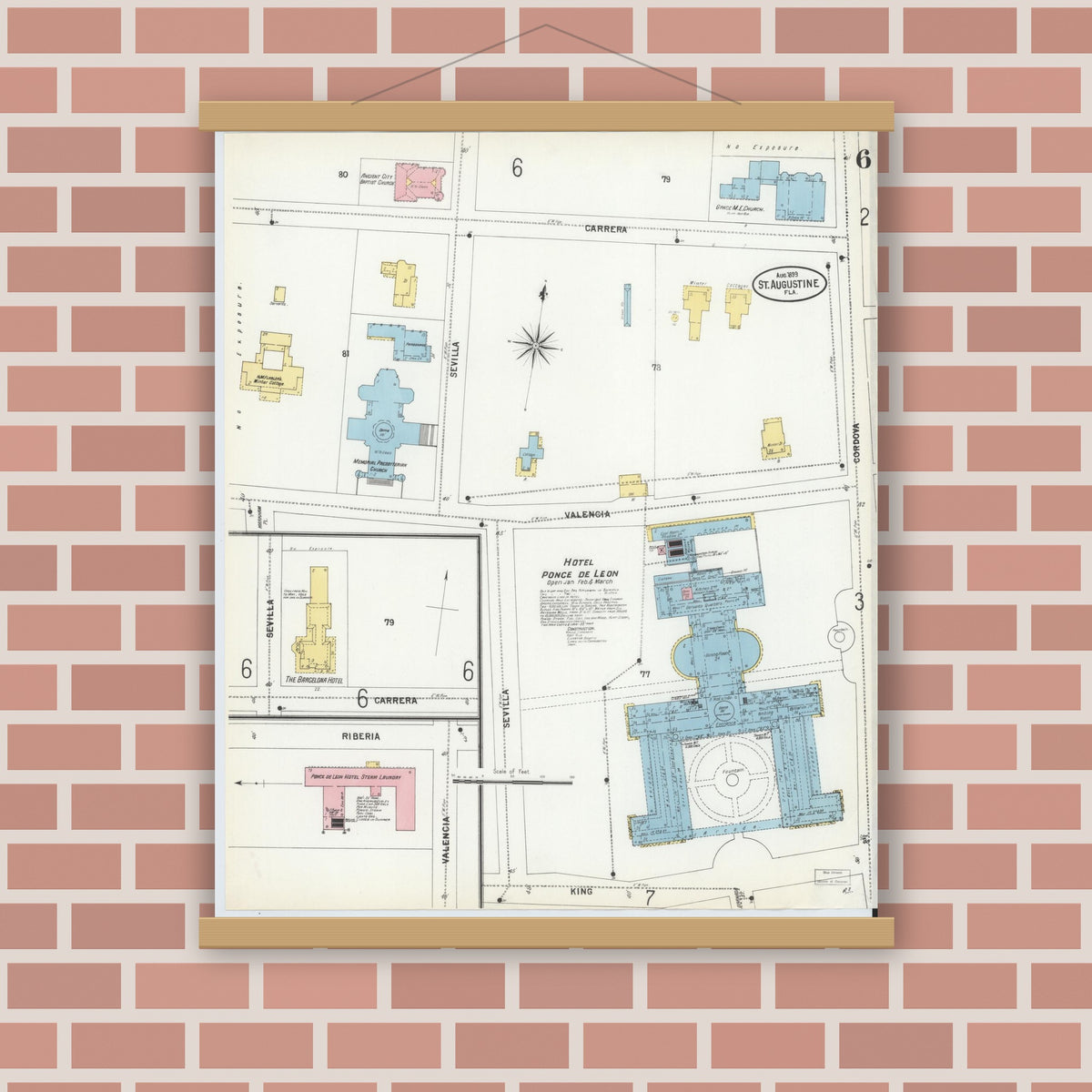 Old map wall art mockup — magnetic wood frame on brick wall — Sanborn Fire Insurance Map from Saint Augustine, Saint John's County, Florida (1899), Sheet #0006