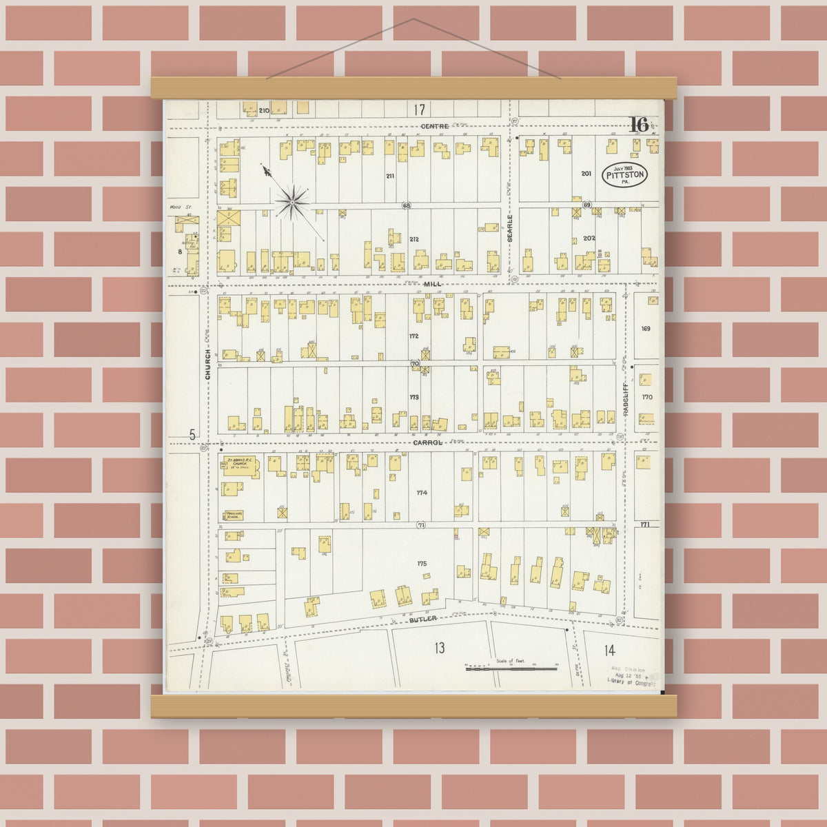 Old map wall art mockup — magnetic wood frame on brick wall — Sanborn Fire Insurance Map from Pittston, Luzerne County, Pennsylvania (1903), Sheet #0016