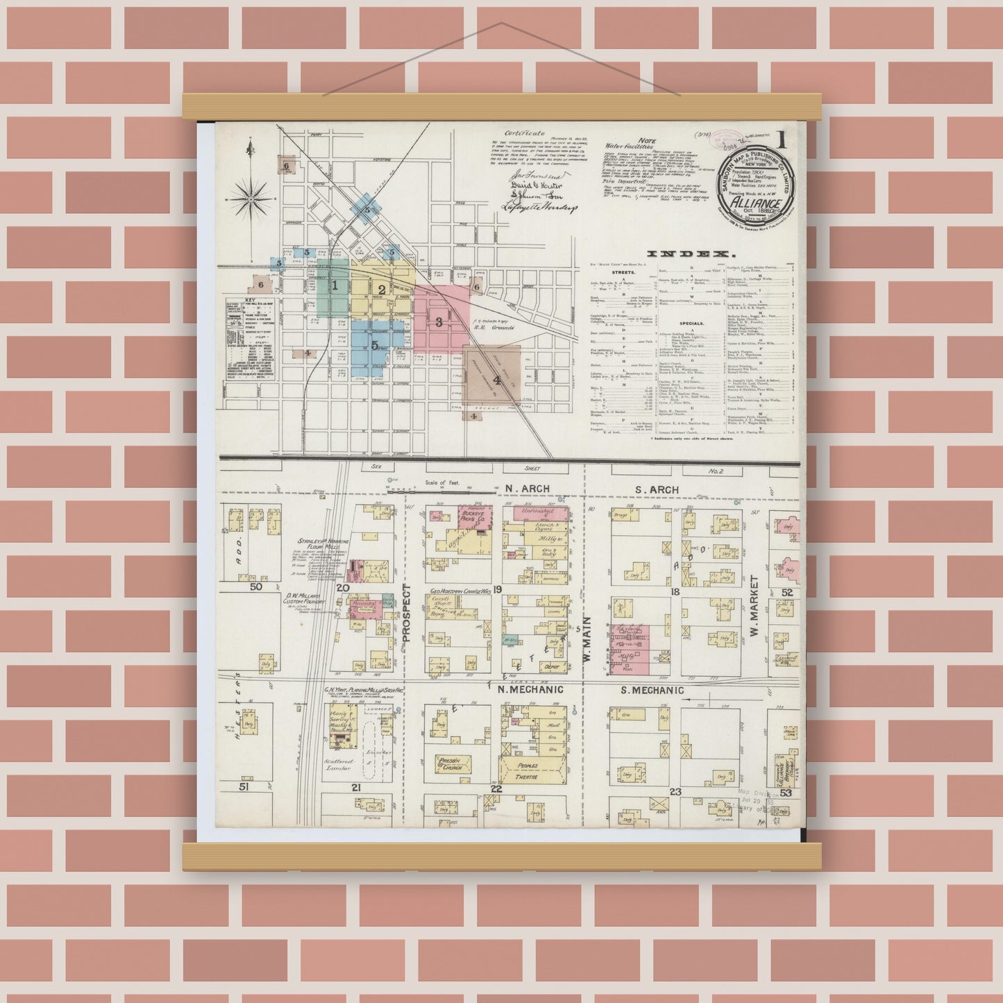 Old map wall art mockup — magnetic wood frame on brick wall — Sanborn Fire Insurance Map from Alliance, Stark County, Ohio (1888) - Complete Map Set