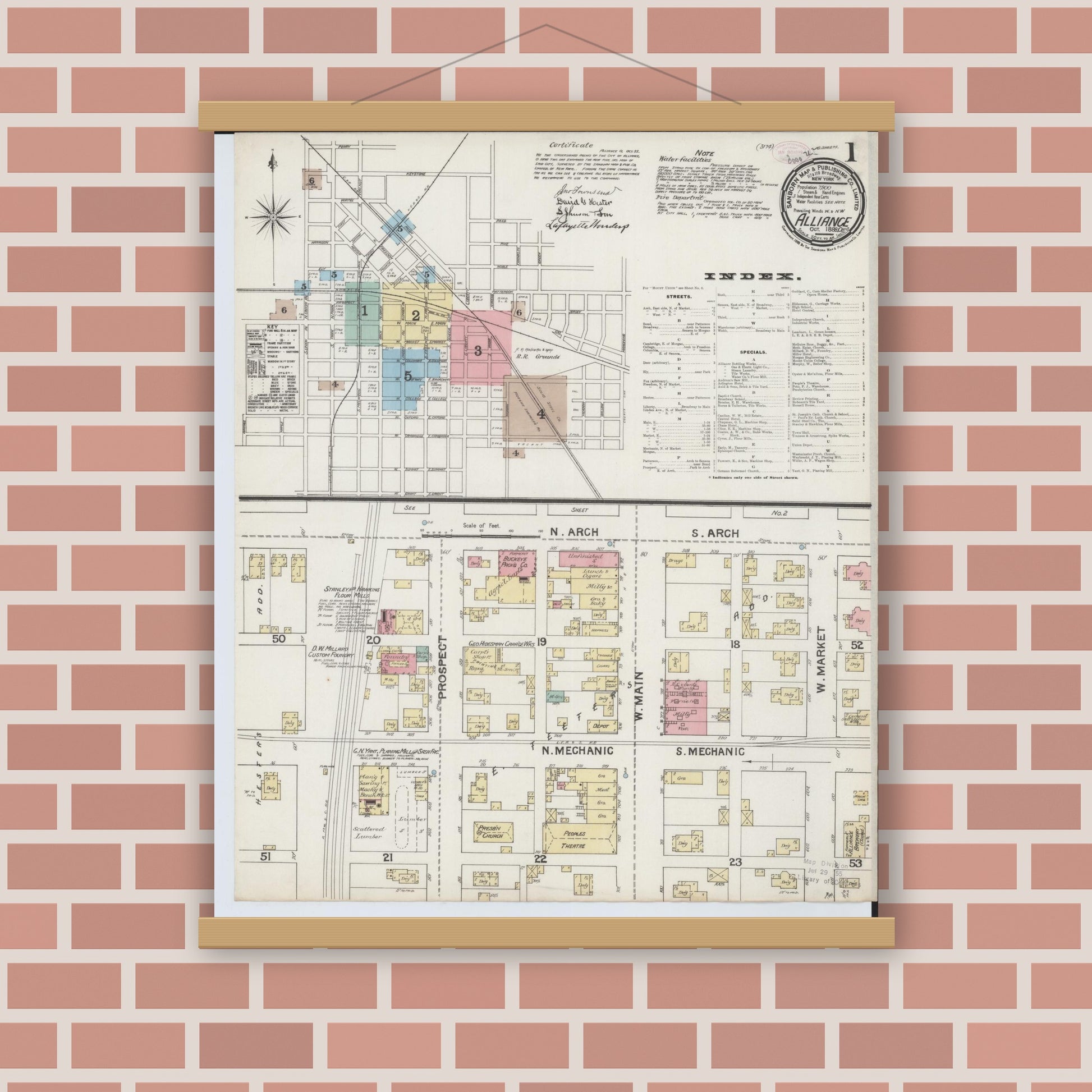 Old map wall art mockup — magnetic wood frame on brick wall — Sanborn Fire Insurance Map from Alliance, Stark County, Ohio (1888) - Complete Map Set