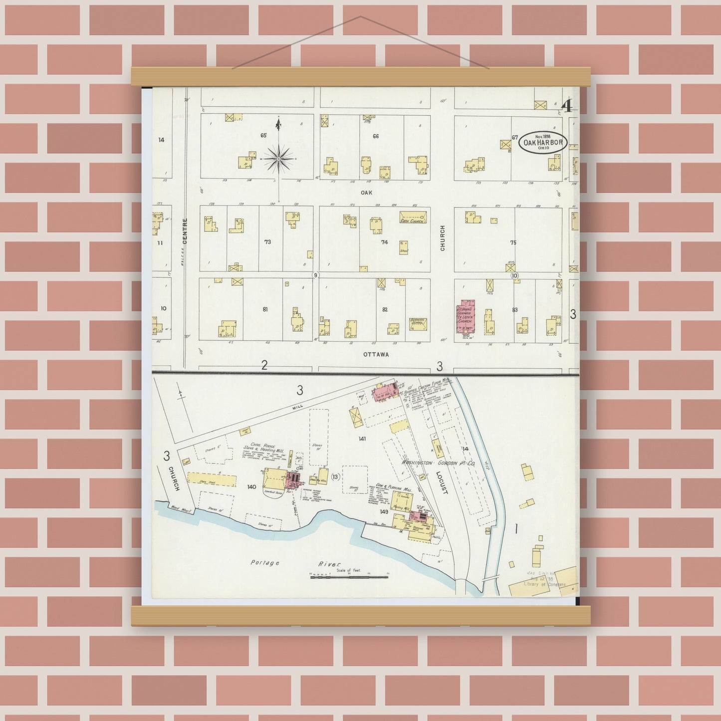 Old map wall art mockup — magnetic wood frame on brick wall — Sanborn Fire Insurance Map from Oak Harbor, Ottawa County, Ohio (1898), Sheet #0004