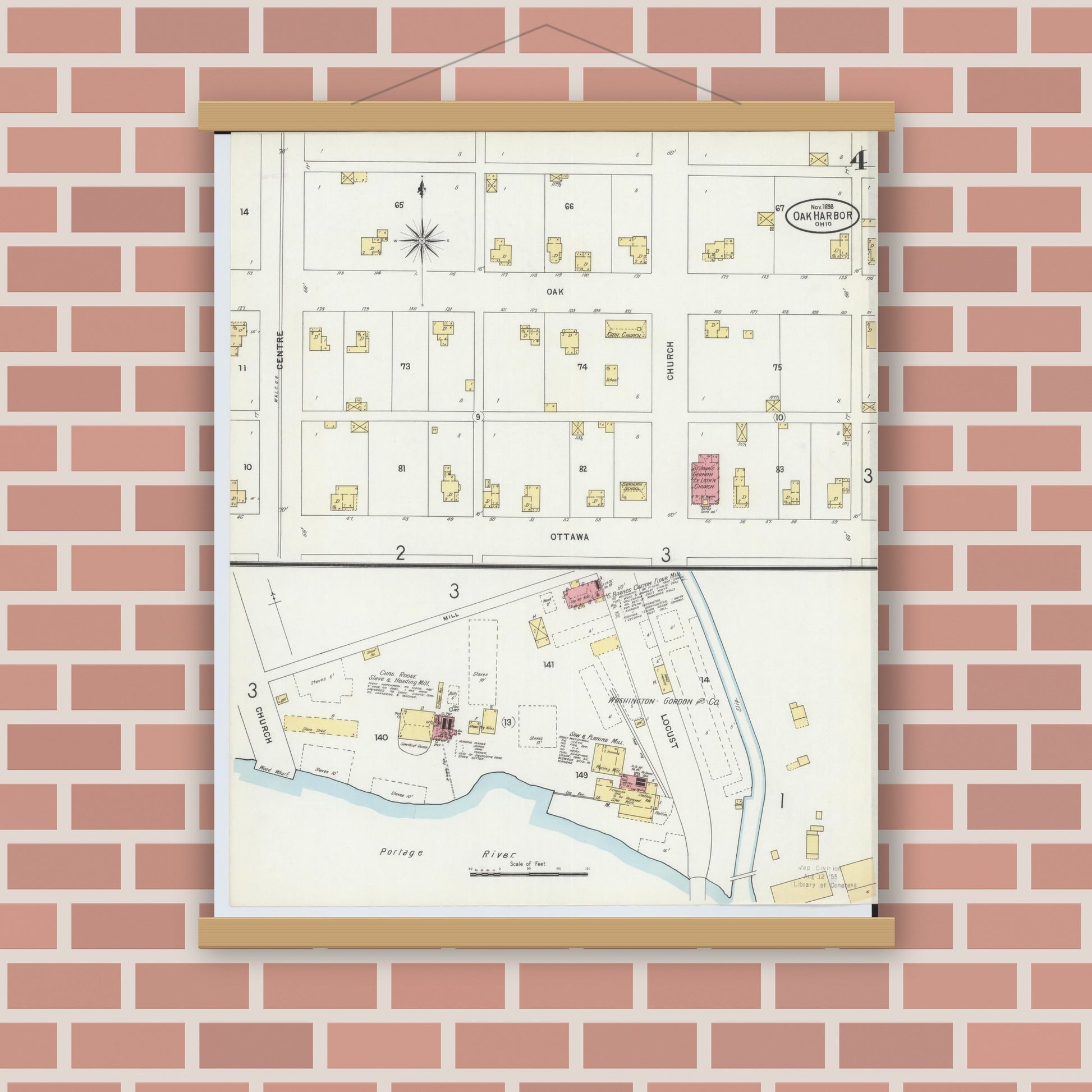 Old map wall art mockup — magnetic wood frame on brick wall — Sanborn Fire Insurance Map from Oak Harbor, Ottawa County, Ohio (1898), Sheet #0004