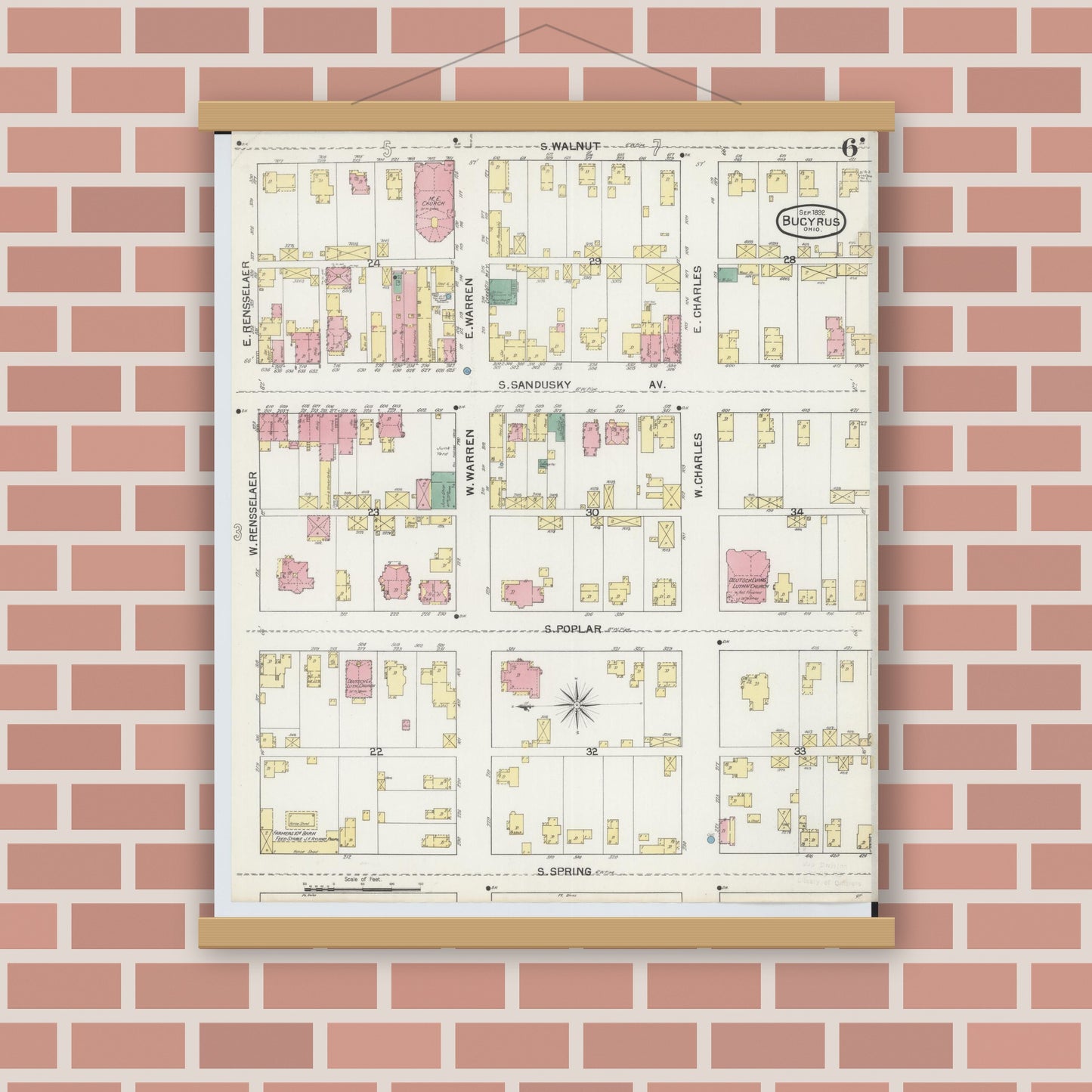 Old map wall art mockup — magnetic wood frame on brick wall — Sanborn Fire Insurance Map from Bucyrus, Crawford County, Ohio (1892), Sheet #0006