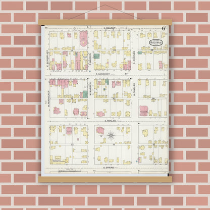 Old map wall art mockup — magnetic wood frame on brick wall — Sanborn Fire Insurance Map from Bucyrus, Crawford County, Ohio (1892), Sheet #0006