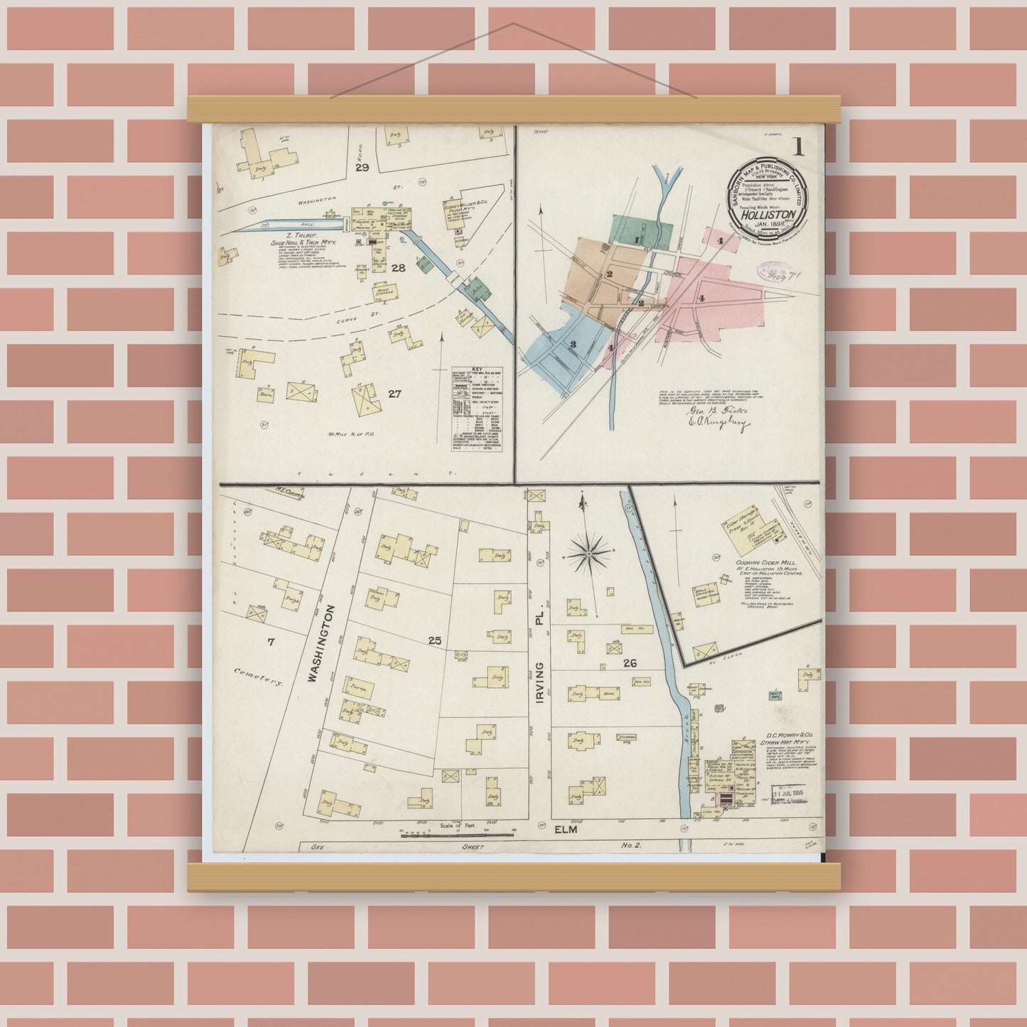 Old map wall art mockup — magnetic wood frame on brick wall — Sanborn Fire Insurance Map from Holliston, Middlesex County, Massachusetts (1888) - Complete Map Set