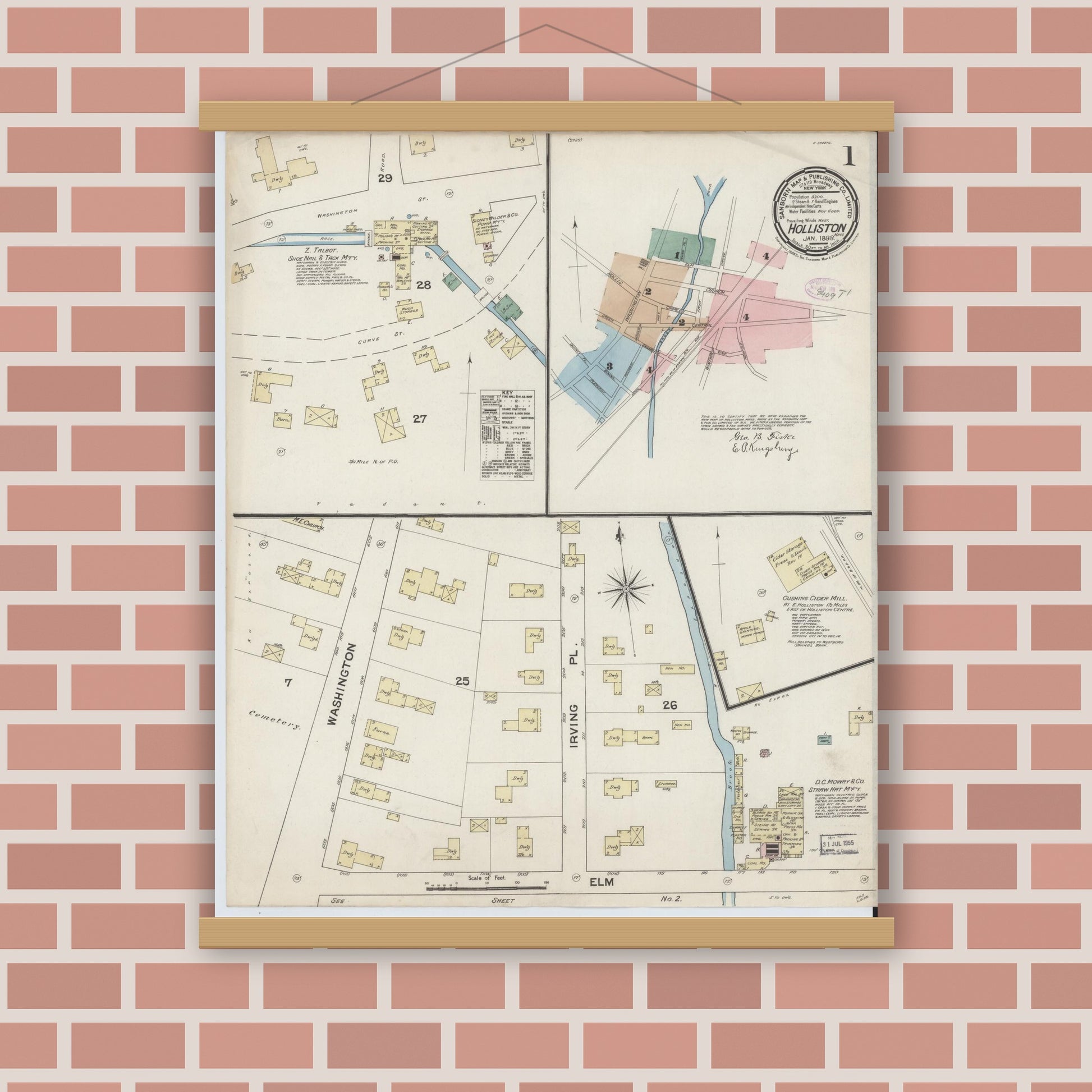 Old map wall art mockup — magnetic wood frame on brick wall — Sanborn Fire Insurance Map from Holliston, Middlesex County, Massachusetts (1888) - Complete Map Set