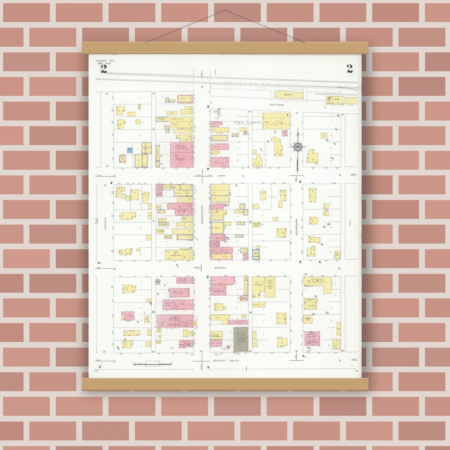 Old map wall art mockup — magnetic wood frame on brick wall — Sanborn Fire Insurance Map from Thorpe, Clark County, Wisconsin (1933), Sheet #0002