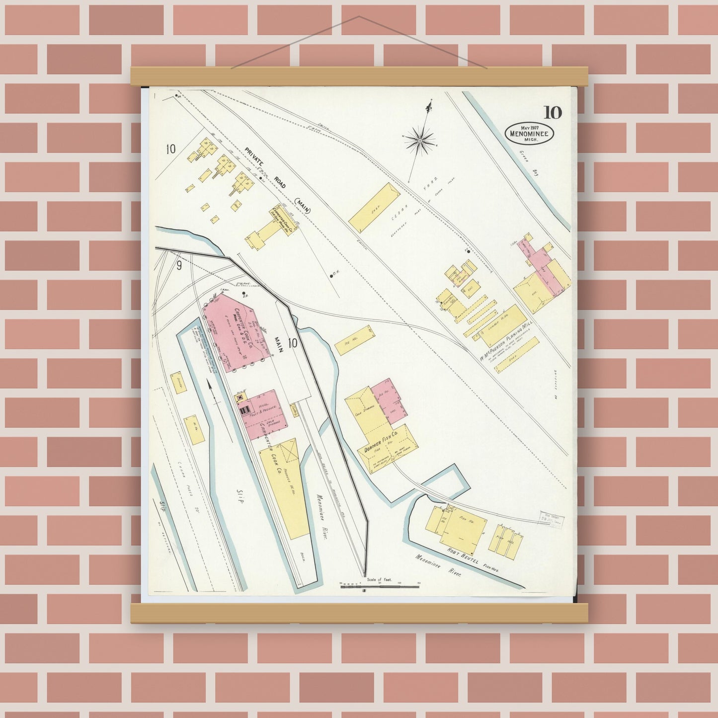 Old map wall art mockup — magnetic wood frame on brick wall — Sanborn Fire Insurance Map from Menominee, Menominee County, Michigan (1907), Sheet #0010