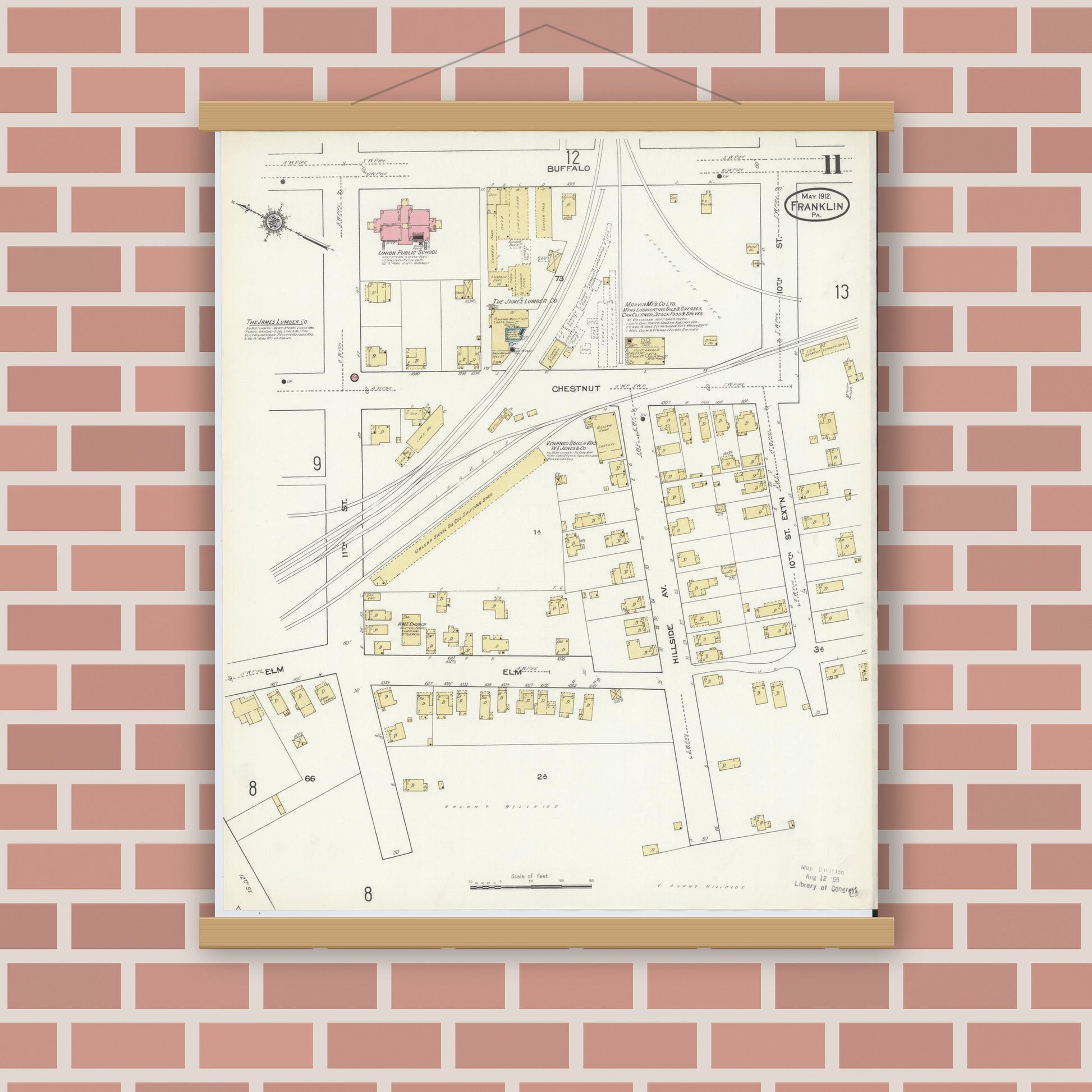 Old map wall art mockup — magnetic wood frame on brick wall — Sanborn Fire Insurance Map from Franklin, Venango County, Pennsylvania (1912), Sheet #0011