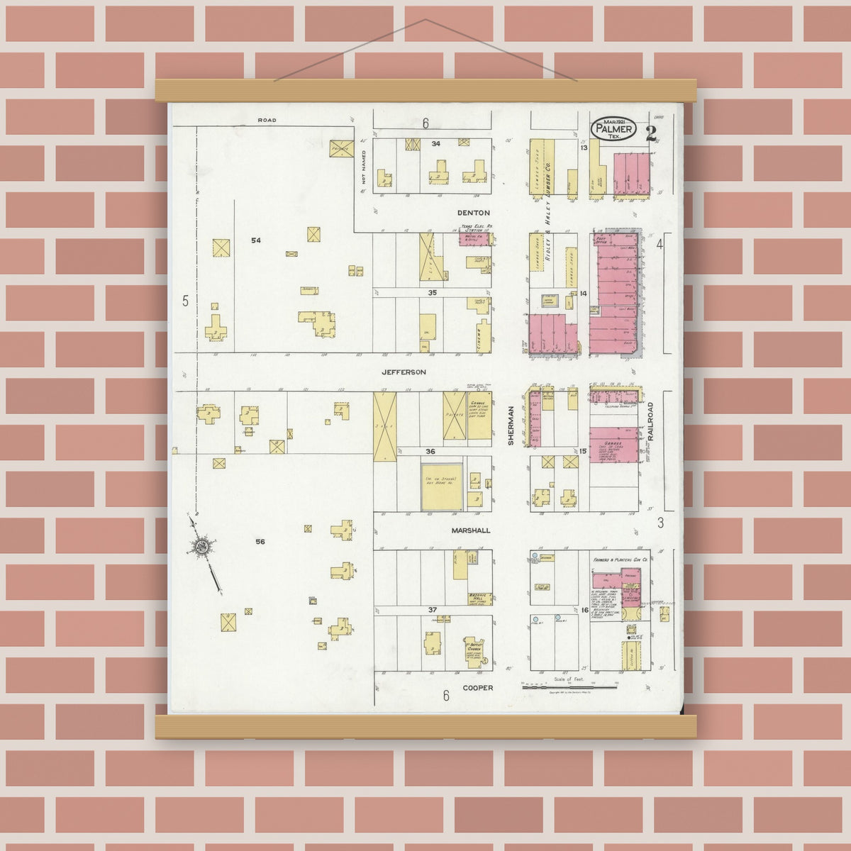 Old map wall art mockup — magnetic wood frame on brick wall — Sanborn Fire Insurance Map from Palmer, Ellis County, Texas (1921), Sheet #0002