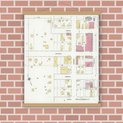Old map wall art mockup — magnetic wood frame on brick wall — Sanborn Fire Insurance Map from Palmer, Ellis County, Texas (1921), Sheet #0002