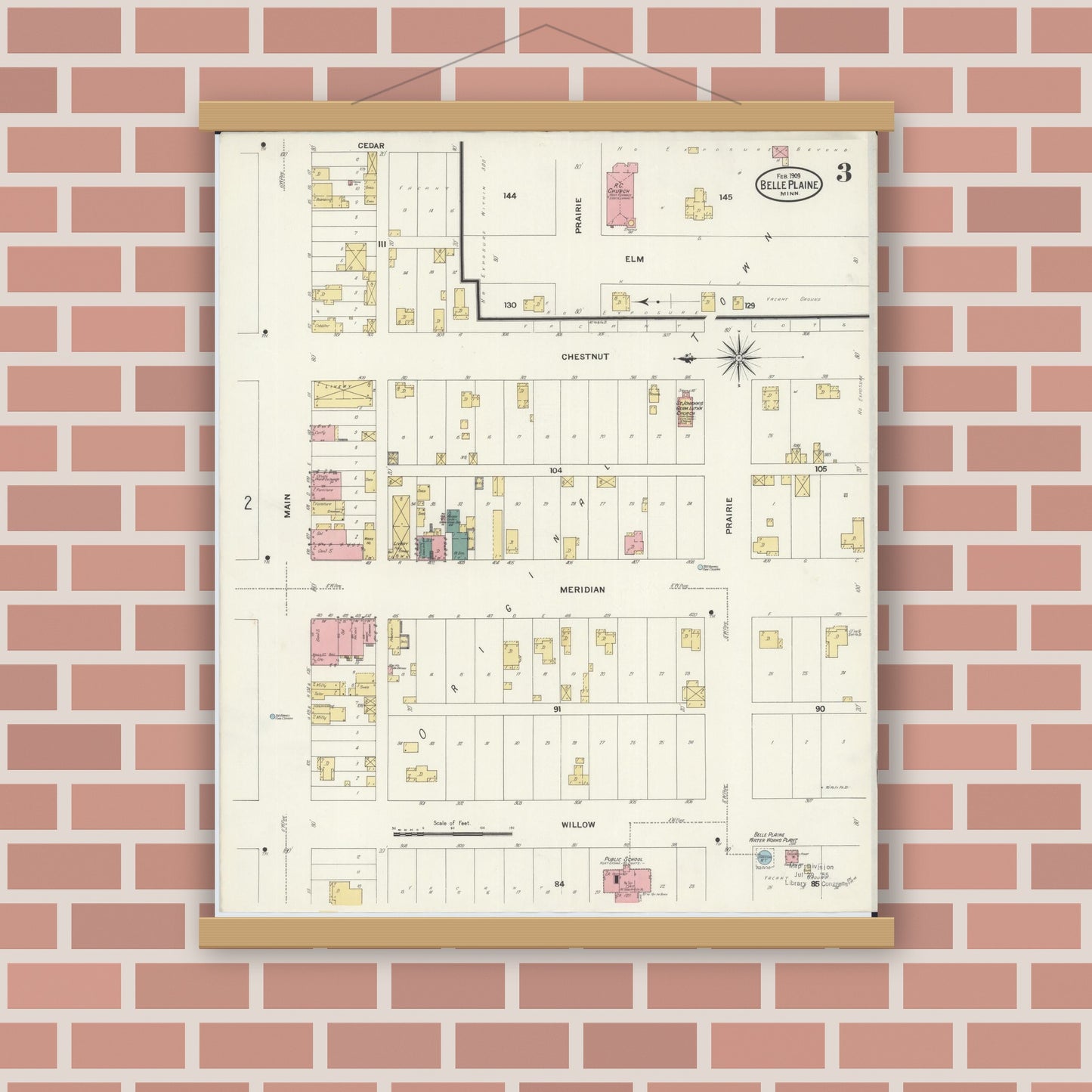 Old map wall art mockup — magnetic wood frame on brick wall — Sanborn Fire Insurance Map from Belle Plaine, Scott County, Minnesota (1909), Sheet #0003