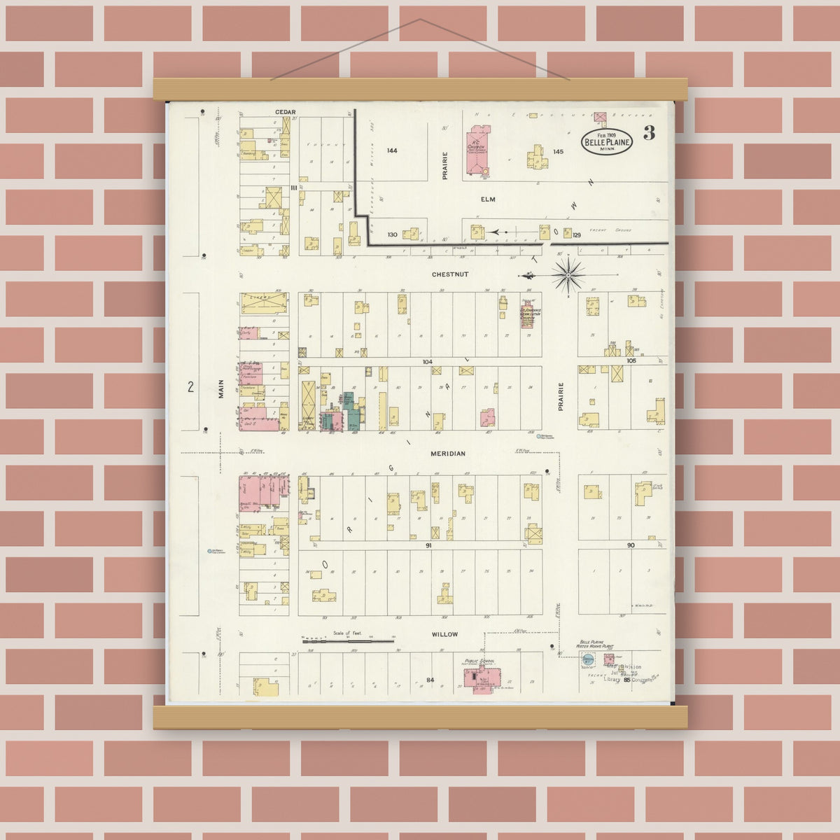 Old map wall art mockup — magnetic wood frame on brick wall — Sanborn Fire Insurance Map from Belle Plaine, Scott County, Minnesota (1909), Sheet #0003