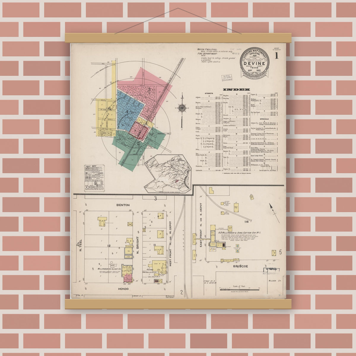 Old map wall art mockup — magnetic wood frame on brick wall — Sanborn Fire Insurance Map from Devine, Medina County, Texas (1922) - Complete Map Set