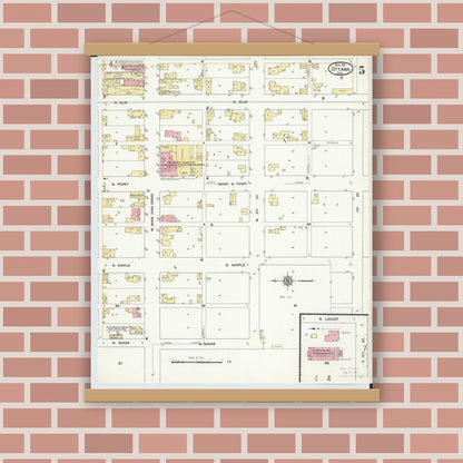Old map wall art mockup — magnetic wood frame on brick wall — Sanborn Fire Insurance Map from Ottawa, Putnam County, Ohio (1911), Sheet #0005