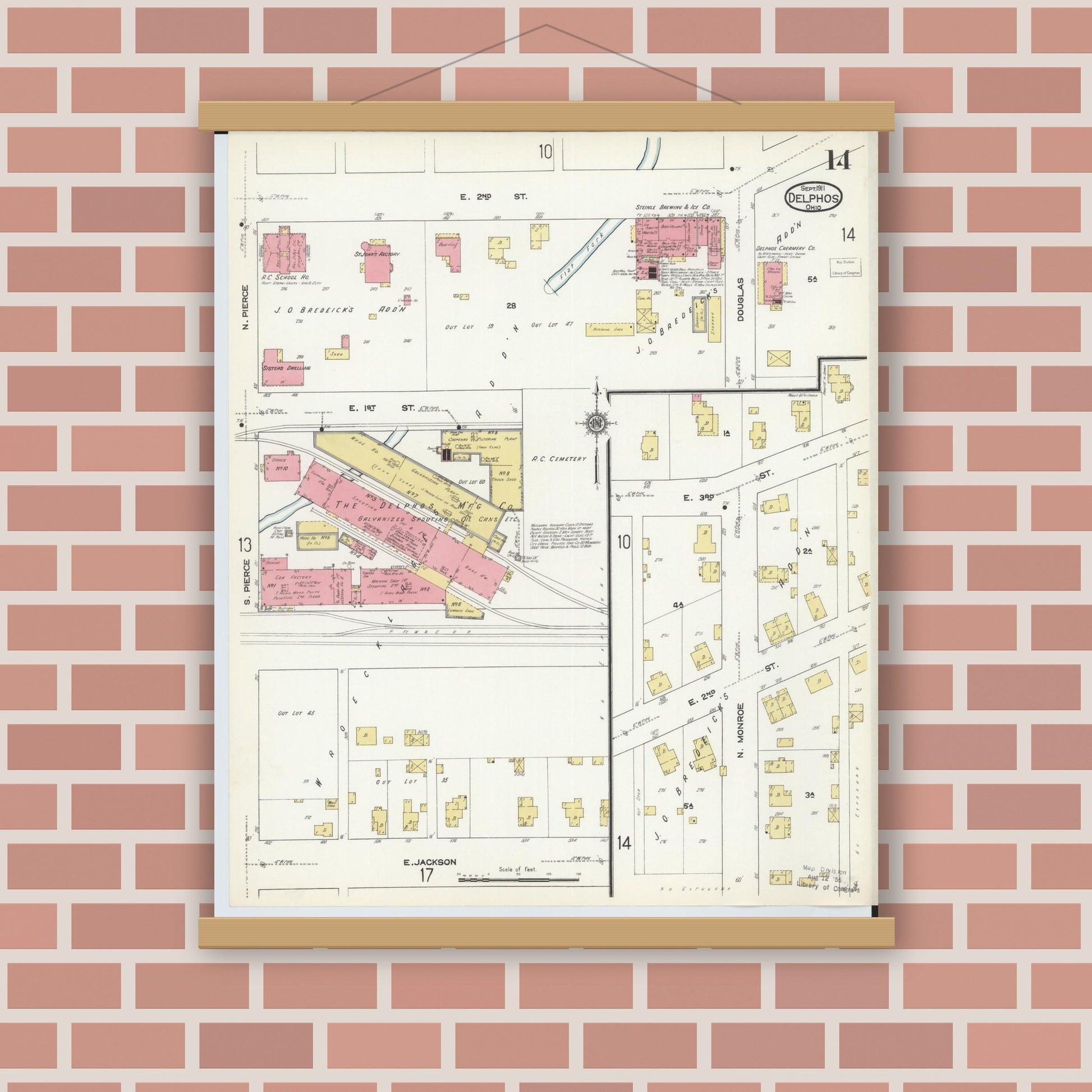 Old map wall art mockup — magnetic wood frame on brick wall — Sanborn Fire Insurance Map from Delphos, Van Wert And Allen Counties, Ohio (1911), Sheet #0014