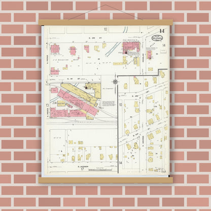 Old map wall art mockup — magnetic wood frame on brick wall — Sanborn Fire Insurance Map from Delphos, Van Wert And Allen Counties, Ohio (1911), Sheet #0014