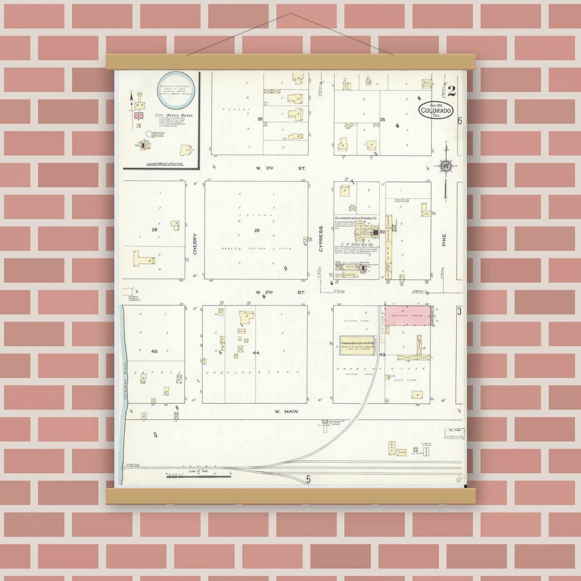 Old map wall art mockup — magnetic wood frame on brick wall — Sanborn Fire Insurance Map from Colorado, Mitchell County, Texas (1914), Sheet #0002