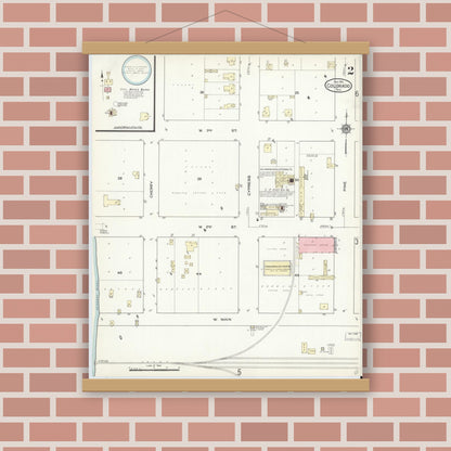 Old map wall art mockup — magnetic wood frame on brick wall — Sanborn Fire Insurance Map from Colorado, Mitchell County, Texas (1914), Sheet #0002